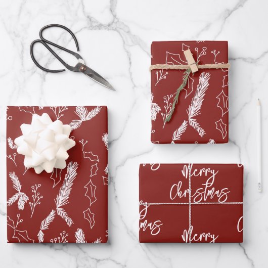 Frohe Weihnachten Pine Berries Muster Red Wrapping Geschenkpapier Set (Vorderseite)