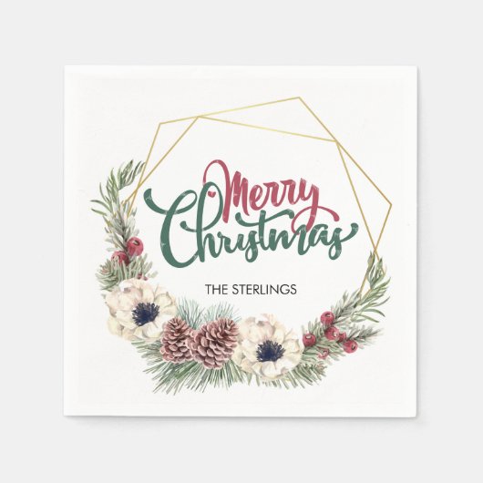 Frohe Weihnachten Pine Cone Holly Gold Rahmen Serviette (Vorderseite)