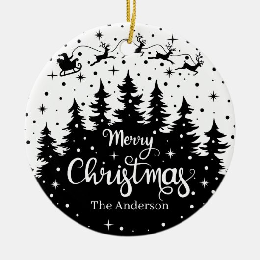 Frohe Weihnachten Pine Santa Claus Reindeer Sleigh Keramik Ornament (Vorne)