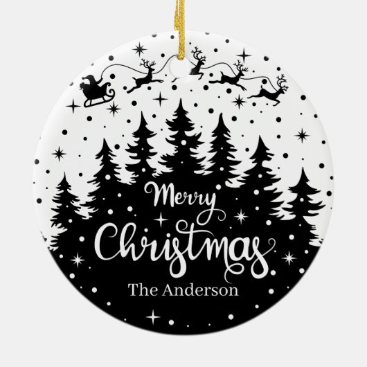 Frohe Weihnachten Pine Santa Claus Reindeer Sleigh Keramik Ornament (Hinten)