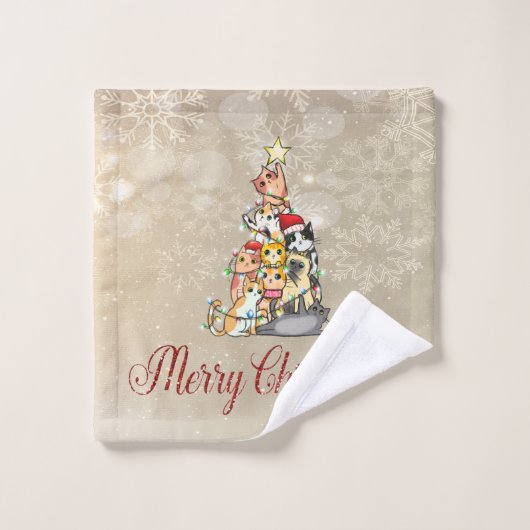 Frohe Weihnachten, Pine Tree Cats Schneeflocken Badhandtuch Set (Waschlappen)