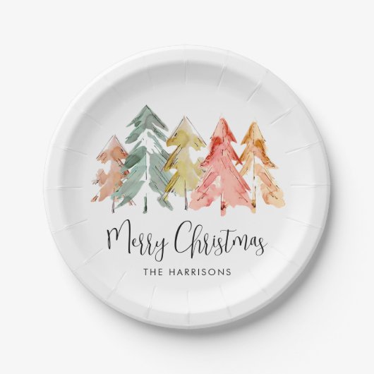 Frohe Weihnachten Pine Tree Wasserfarbenurlaub Pappteller (Vorderseite)