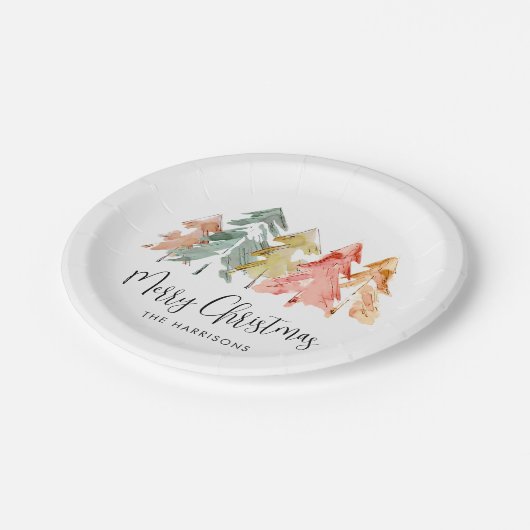 Frohe Weihnachten Pine Tree Wasserfarbenurlaub Pappteller (Schrägansicht)