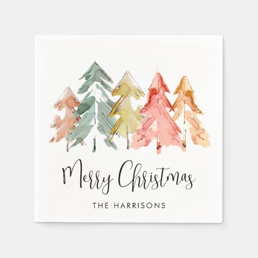 Frohe Weihnachten Pine Trees Wasserfarbenurlaub Serviette (Vorderseite)