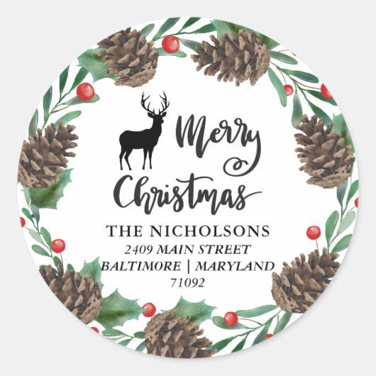 Frohe Weihnachten | Pinecones Wreath Rücksendeadre Runder Aufkleber (Vorderseite)