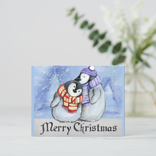 Frohe Weihnachten, Pinguin-Illustration Postkarte (Stehend Vorderseite)