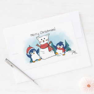 Frohe Weihnachten Pinguine bauen eine Schneekatze Rechteckiger Aufkleber