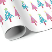 Frohe Weihnachten Pink Blue Trees Wrapping Paper Geschenkpapier (Rolleneckpunkt)