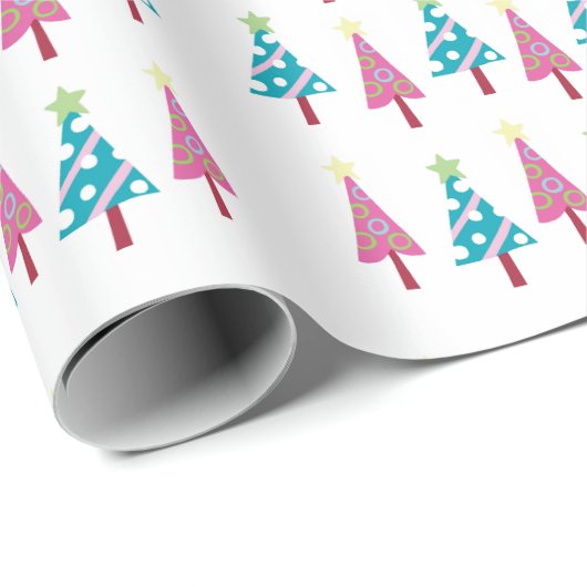 Frohe Weihnachten Pink Blue Trees Wrapping Paper Geschenkpapier (Rolleneckpunkt)