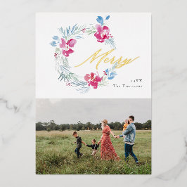 Frohe Weihnachten Pink Blue Watercolor Blume Wreat Folien Feiertagskarte