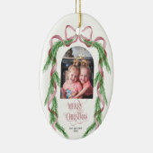 Frohe Weihnachten Pink Bow Ribbon Pine Arch Foto Keramik Ornament (Rechts)