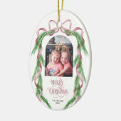 Frohe Weihnachten Pink Bow Ribbon Pine Arch Foto Keramik Ornament (Links)