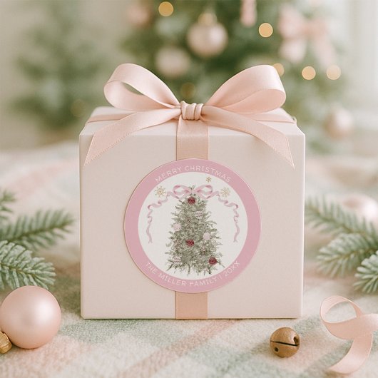 Frohe Weihnachten Pink Bow Runder Aufkleber