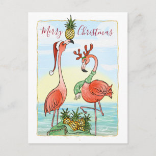 Frohe Weihnachten Pink Flamingo Hawaiin Ananas Ankündigungspostkarte