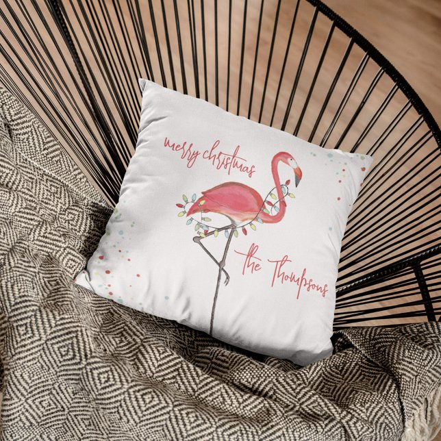 Frohe Weihnachten Pink Flamingo Personalisiert Kissen (Christmas "Merry Christmas" cute whimsical pink flamingo throw pillow)