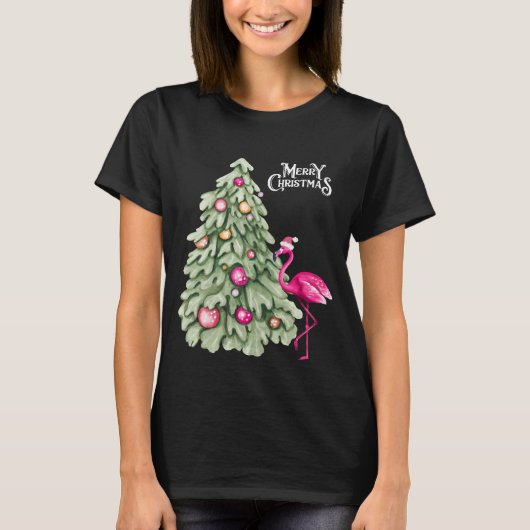 Frohe Weihnachten Pink Flamingo und Pastel Tree T-Shirt (Vorderseite)