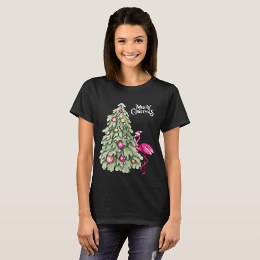 Frohe Weihnachten Pink Flamingo und Pastel Tree T-Shirt (Vorne ganz)