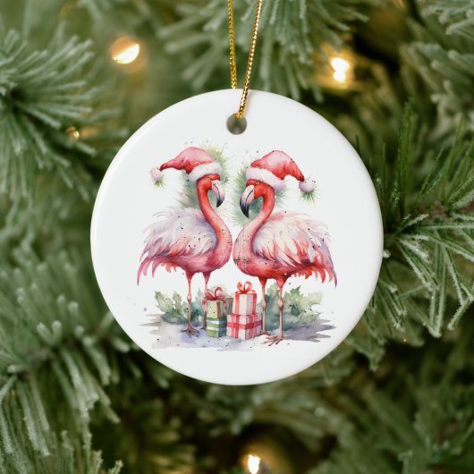 Frohe Weihnachten Pink Flamingos Keramik Ornament (Baum)