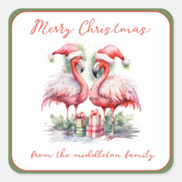 Frohe Weihnachten Pink Flamingos Quadratischer Aufkleber