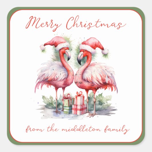 Frohe Weihnachten Pink Flamingos Quadratischer Aufkleber (Vorderseite)