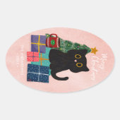Frohe Weihnachten Pink Niedlich Black Cat Weihnach Ovaler Aufkleber (Vorderseite)