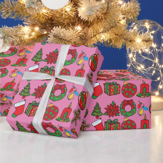 Frohe Weihnachten Pink Ornaments Wrapping Paper Geschenkpapier (Feiertage)