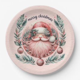 Frohe Weihnachten Pink Santa Wreath Pappteller