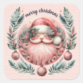 Frohe Weihnachten Pink Santa Wreath Quadratischer Aufkleber (Vorderseite)