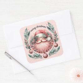 Frohe Weihnachten Pink Santa Wreath Quadratischer Aufkleber