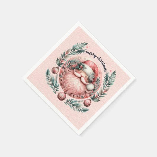 Frohe Weihnachten Pink Santa Wreath Serviette (Ecke)