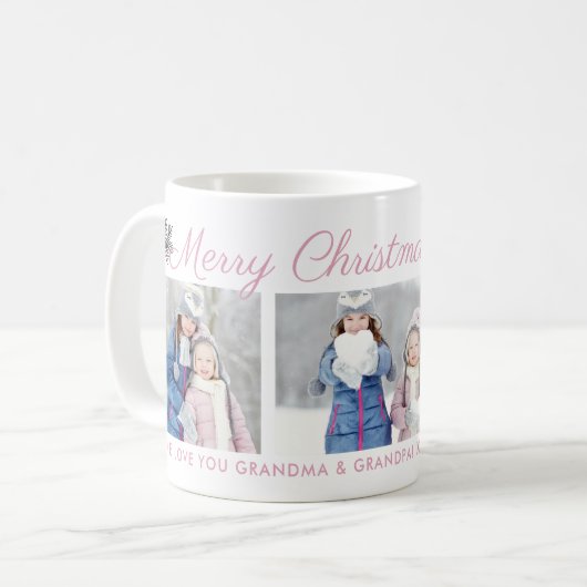 Frohe Weihnachten Pink Script Custom Foto Collage Kaffeetasse (Vorderseite Links)