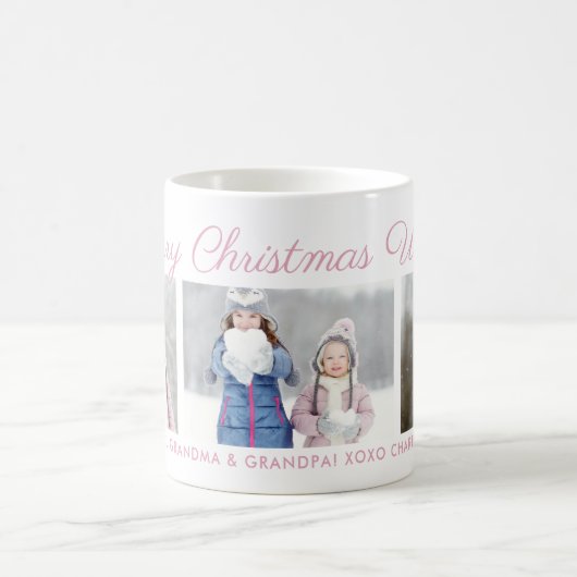 Frohe Weihnachten Pink Script Custom Foto Collage Kaffeetasse (Mittel)