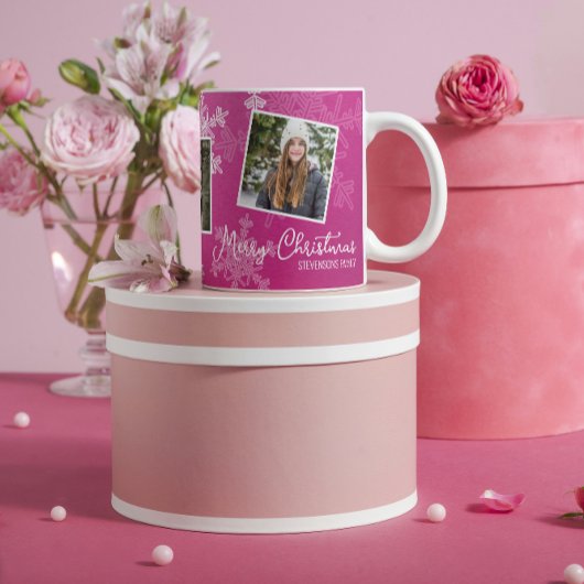 Frohe Weihnachten Pink Snowflakes Foto Collage Kaffeetasse