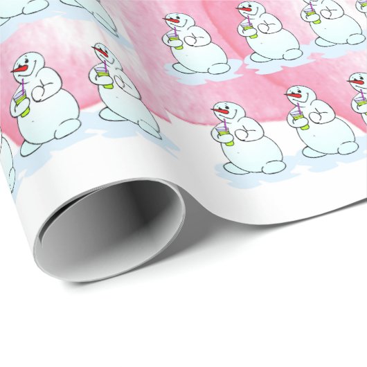 Frohe Weihnachten Pink Snowman Wrapping Paper Geschenkpapier (Rolleneckpunkt)