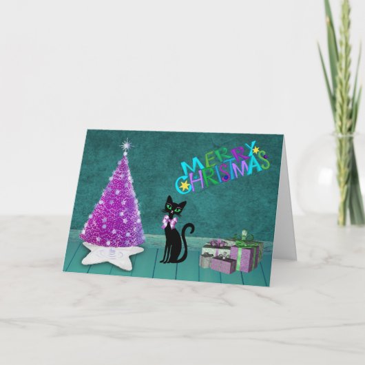 Frohe Weihnachten Pink Tree Cat präsentiert auf Aq (Vorderseite)