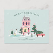 Frohe Weihnachten Pink Vintage Stadtanschauung & V Postkarte (Vorderseite)