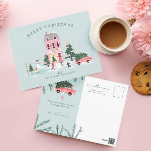 Frohe Weihnachten Pink Vintage Stadtanschauung & V Postkarte