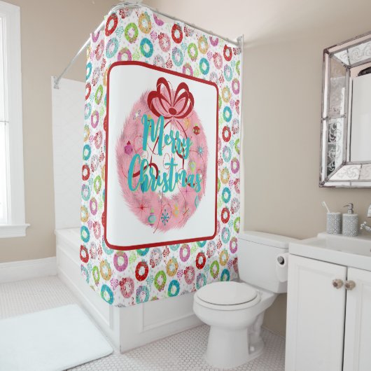 Frohe Weihnachten Pink Wreath Retro Weihnachten Duschvorhang (Beispiel)