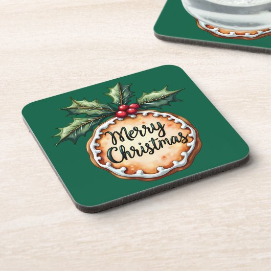 Frohe Weihnachten Plätzchen mit Stechpalmenbeeren Getränkeuntersetzer (Linke Seite)