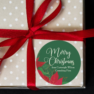 Frohe Weihnachten Poinsettia Elegant Grünes Geschä Runder Aufkleber