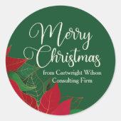 Frohe Weihnachten Poinsettia Elegant Grünes Geschä Runder Aufkleber (Vorderseite)
