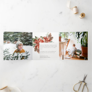 Frohe Weihnachten Poinsettia Pine 3 Foto Wasserfar Dreifach Gefaltete Urlaubskarte