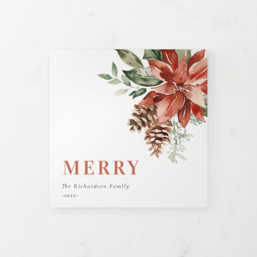 Frohe Weihnachten Poinsettia Pine 3 Foto Wasserfar Dreifach Gefaltete Urlaubskarte (Cover)