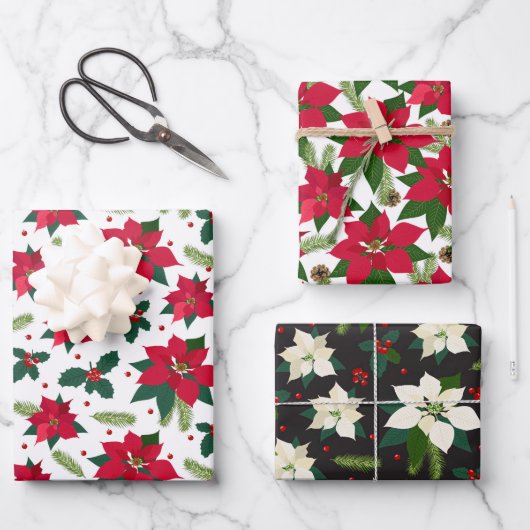 Frohe Weihnachten Poinsettia Red Holly Green White Geschenkpapier Set (Vorderseite)