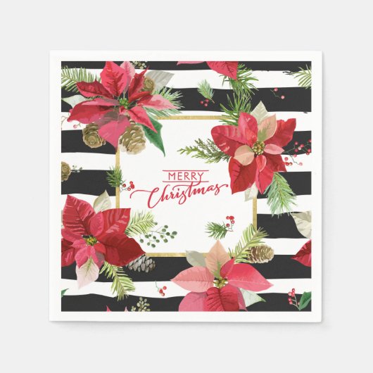 Frohe Weihnachten Poinsettias, Black Stripe Napkin Serviette (Vorderseite)