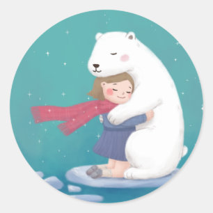 Frohe Weihnachten: Polar Bär & Child Illustration Runder Aufkleber