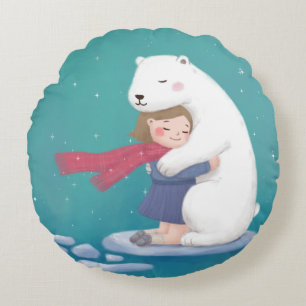 Frohe Weihnachten: Polar Bär & Child Illustration Rundes Kissen