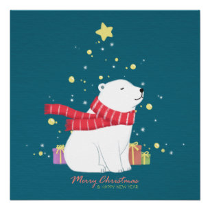 Frohe Weihnachten: Polar Bear Illustration Art Poster