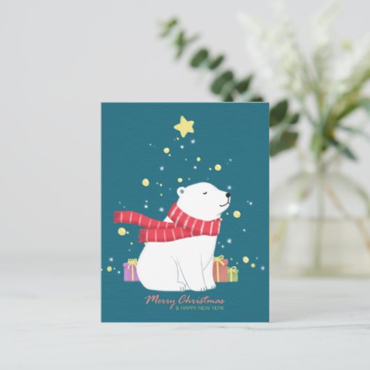 Frohe Weihnachten: Polar Bear Illustration Art Postkarte (Stehend Vorderseite)