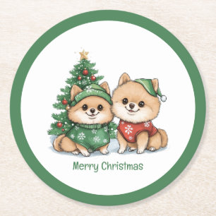 Frohe Weihnachten Pomeranian Hunde Runder Pappuntersetzer